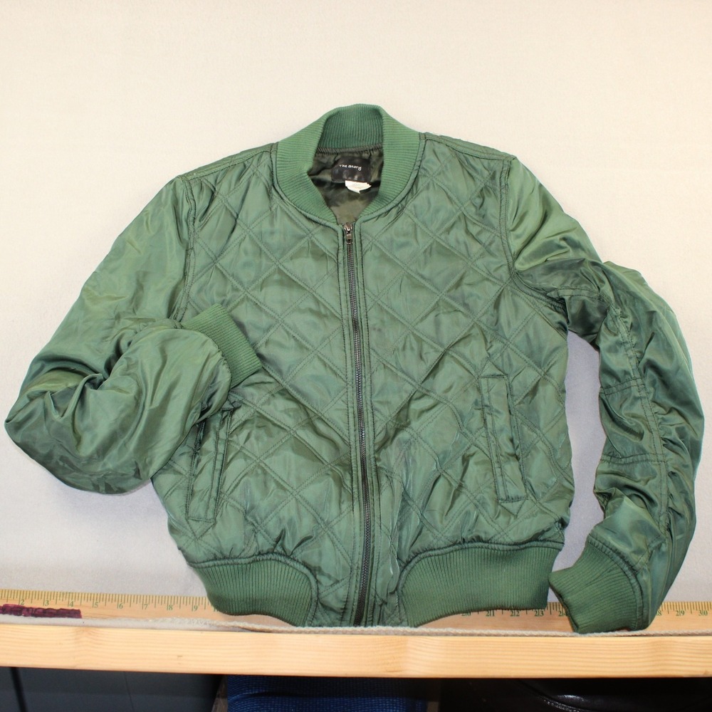 The Story Bomber Jacket Quilted Diamond Zip Up Medium Green Military Style Coat